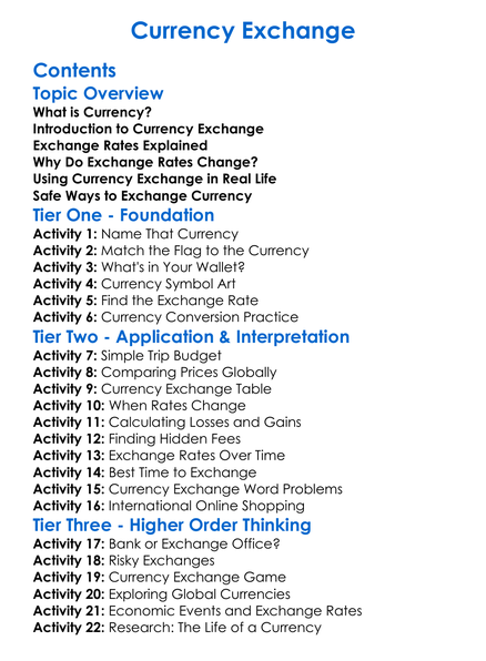 Currency Exchange Worksheet Activity Booklet