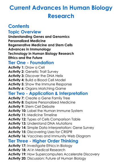 Current Advances In Human Biology Research Worksheet Activity Booklet