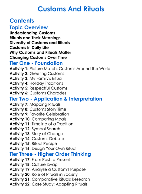 Customs And Rituals Worksheet Activity Booklet