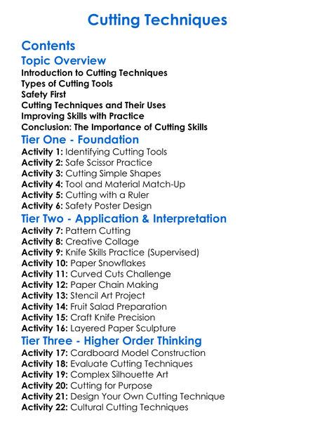 Cutting Techniques Worksheet Activity Booklet
