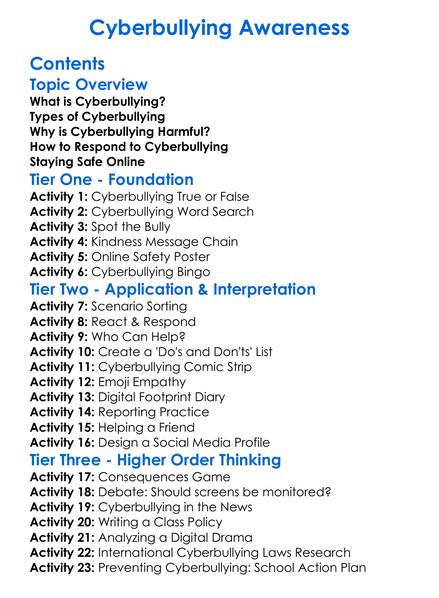Cyberbullying Awareness Worksheet Activity Booklet