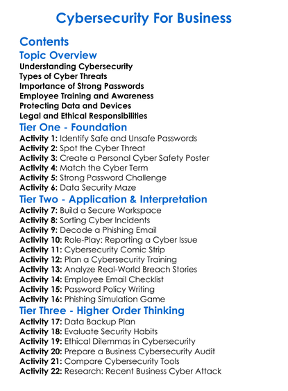 Cybersecurity For Business Worksheet Activity Booklet
