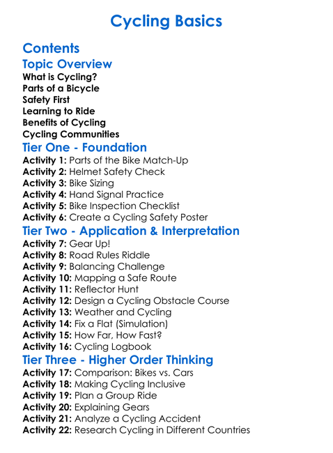 Cycling Basics Worksheet Activity Booklet