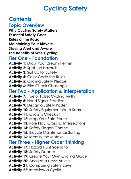 Cycling Safety Worksheet Activity Booklet