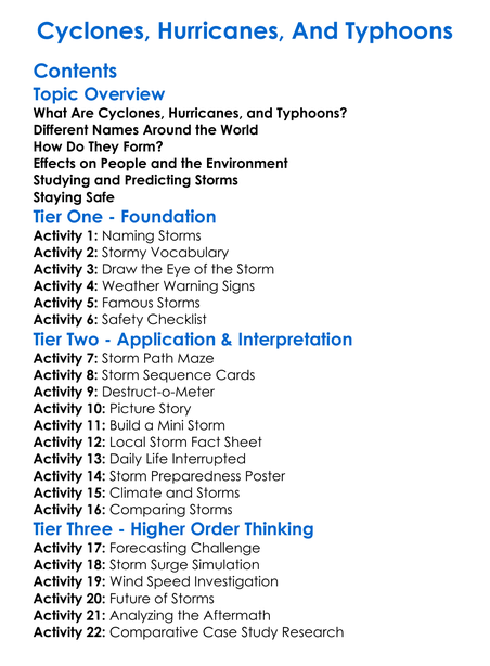 Cyclones Hurricanes And Typhoons Worksheet Activity Booklet