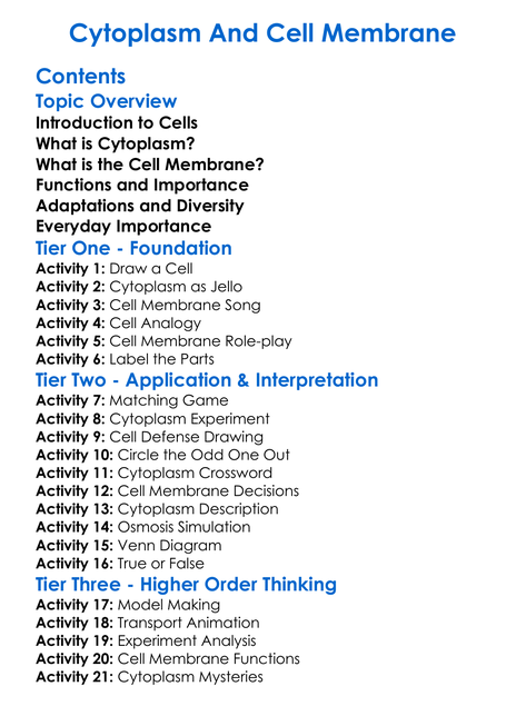 Cytoplasm And Cell Membrane Worksheet Activity Booklet