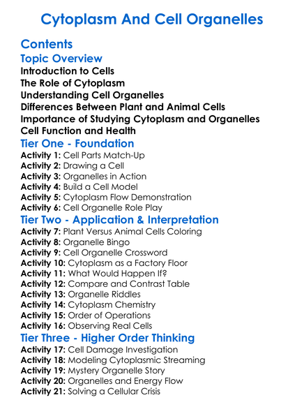Cytoplasm And Cell Organelles Worksheet Activity Booklet