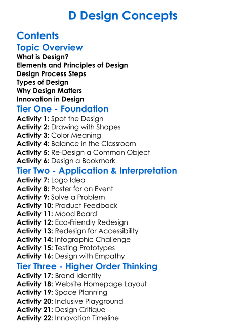 D Design Concepts Worksheet Activity Booklet