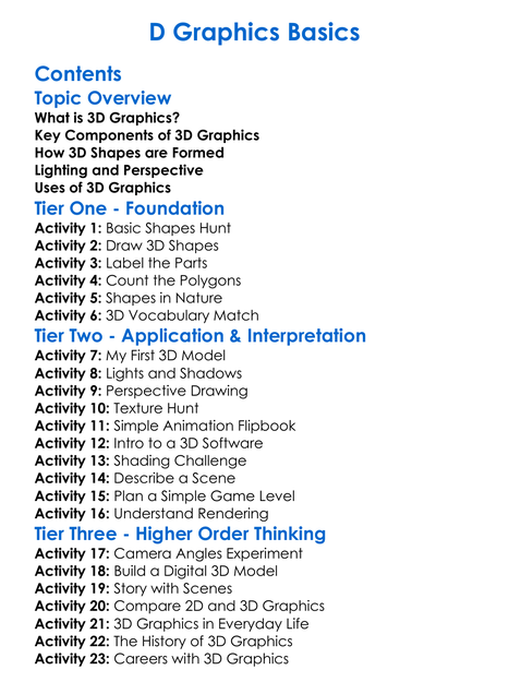 D Graphics Basics Worksheet Activity Booklet
