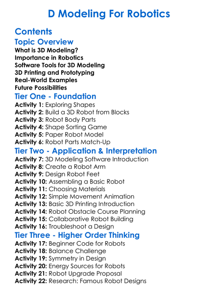 D Modeling For Robotics Worksheet Activity Booklet