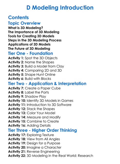 D Modeling Introduction Worksheet Activity Booklet