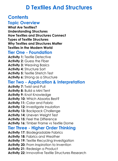 D Textiles And Structures Worksheet Activity Booklet