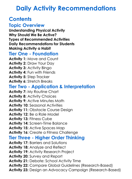 Daily Activity Recommendations Worksheet Activity Booklet