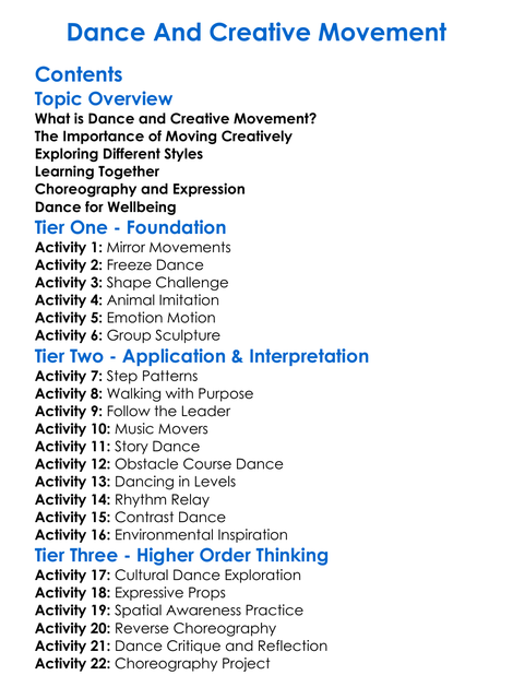 Dance And Creative Movement Worksheet Activity Booklet
