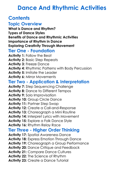 Dance And Rhythmic Activities Worksheet Activity Booklet