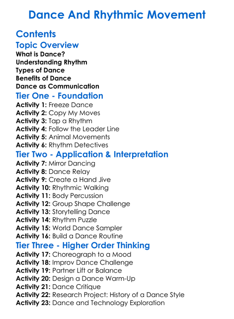 Dance And Rhythmic Movement Worksheet Activity Booklet