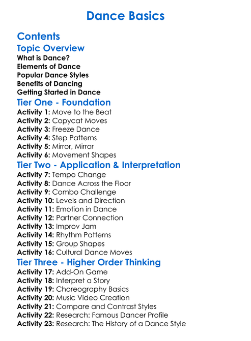 Dance Basics Worksheet Activity Booklet