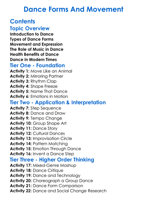 Dance Forms And Movement Worksheet Activity Booklet