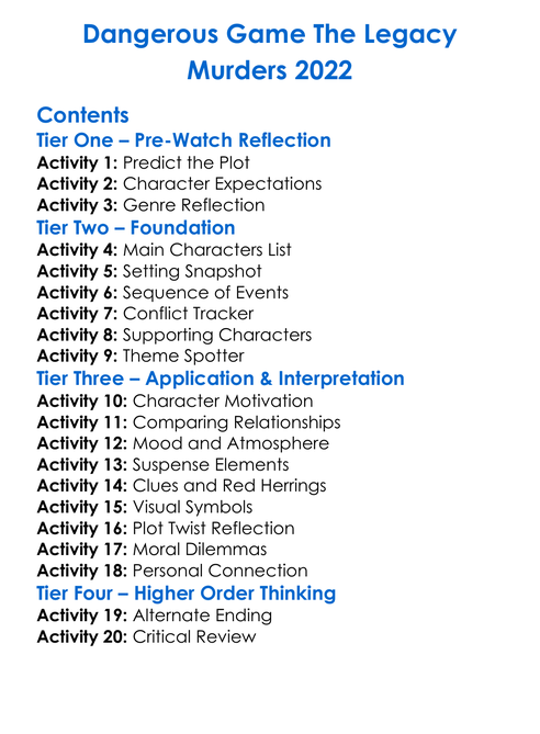 Dangerous Game The Legacy Murders 2022 Worksheet Activity Booklet