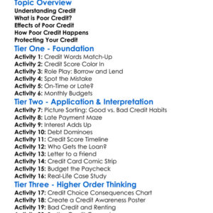 Dangers Of Poor Credit Worksheet Activity Booklet