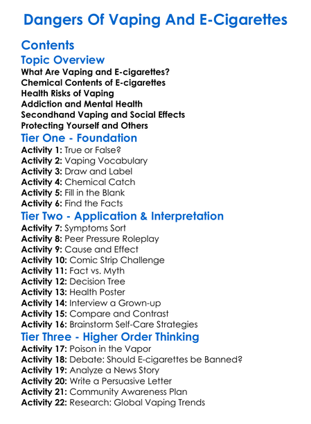 Dangers Of Vaping And E-Cigarettes Worksheet Activity Booklet