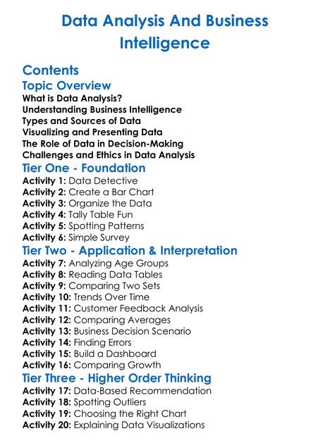 Data Analysis And Business Intelligence Worksheet Activity Booklet