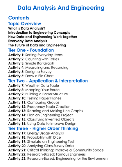 Data Analysis And Engineering Worksheet Activity Booklet