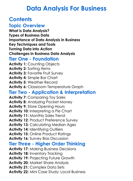 Data Analysis For Business Worksheet Activity Booklet