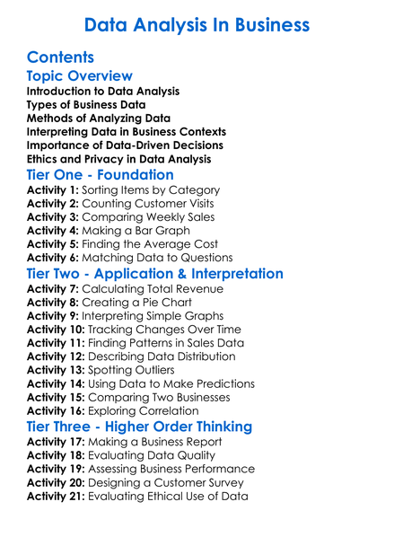 Data Analysis In Business Worksheet Activity Booklet