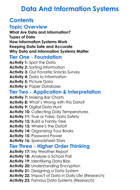 Data And Information Systems Worksheet Activity Booklet