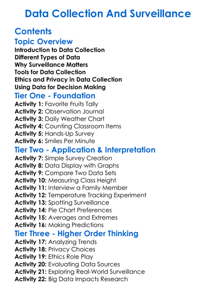 Data Collection And Surveillance Worksheet Activity Booklet