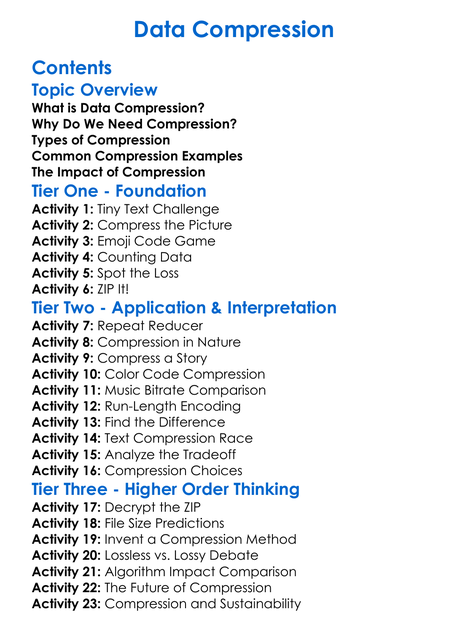 Data Compression Worksheet Activity Booklet