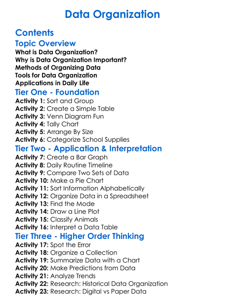 Data Organization Worksheet Activity Booklet