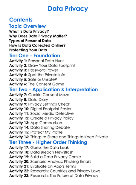 Data Privacy Worksheet Activity Booklet