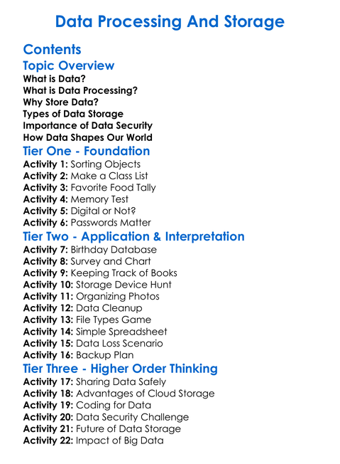 Data Processing And Storage Worksheet Activity Booklet