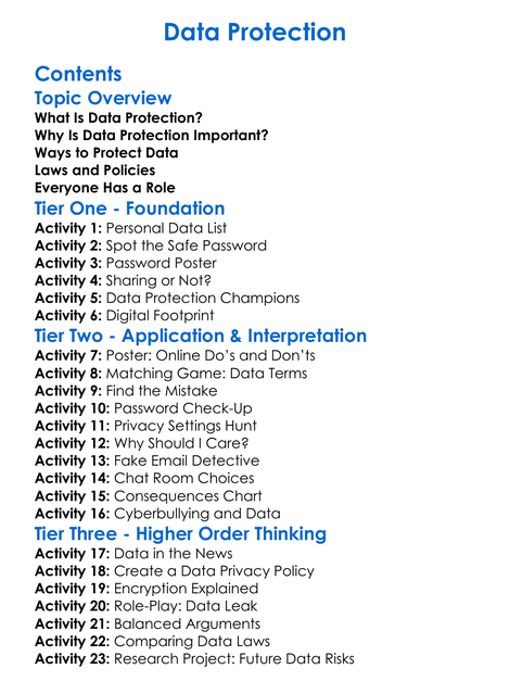 Data Protection Worksheet Activity Booklet