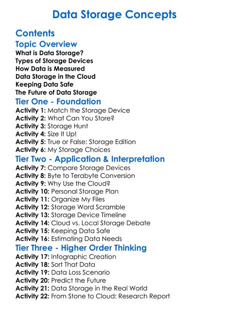 Data Storage Concepts Worksheet Activity Booklet