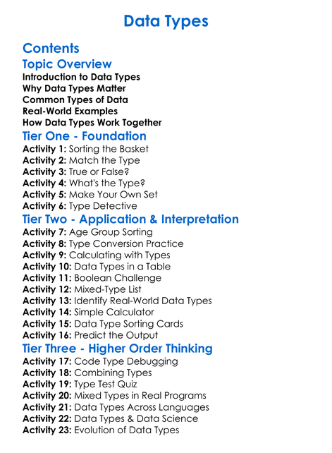 Data Types Worksheet Activity Booklet