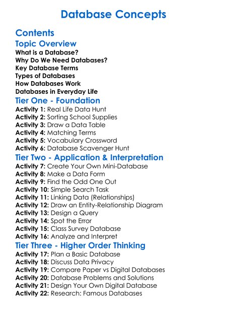Database Concepts Worksheet Activity Booklet