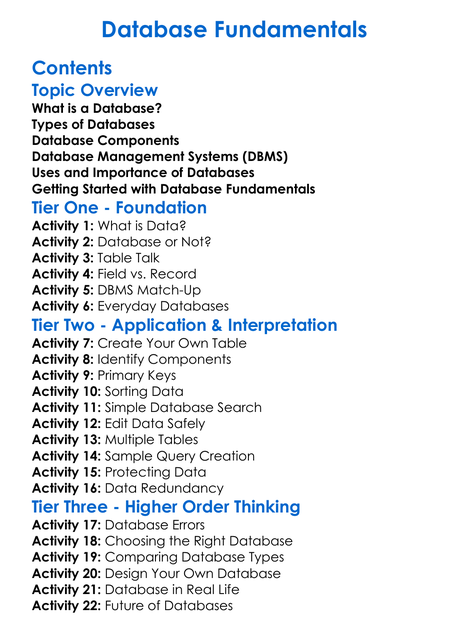 Database Fundamentals Worksheet Activity Booklet