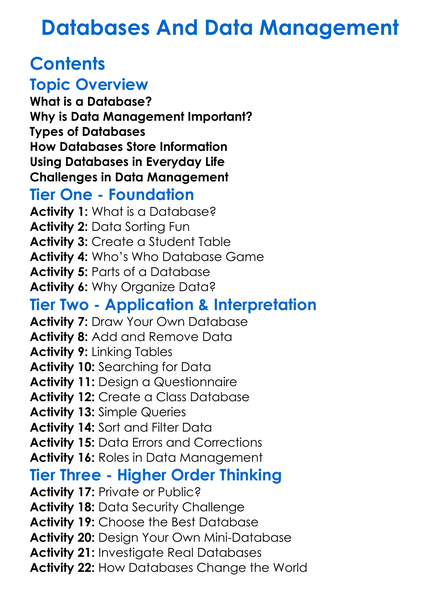 Databases And Data Management Worksheet Activity Booklet