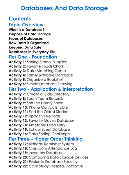 Databases And Data Storage Worksheet Activity Booklet