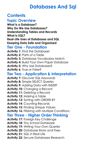 Databases And Sql Worksheet Activity Booklet
