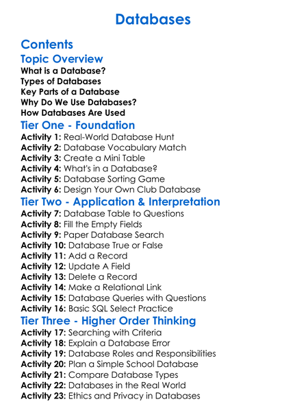 Databases Worksheet Activity Booklet