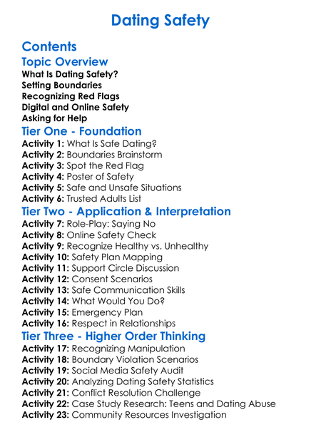 Dating Safety Worksheet Activity Booklet