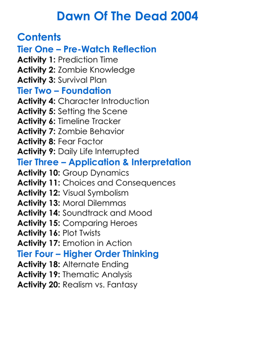 Dawn Of The Dead 2004 Worksheet Activity Booklet