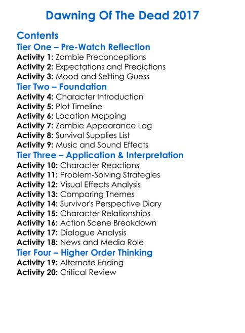 Dawning Of The Dead 2017 Worksheet Activity Booklet