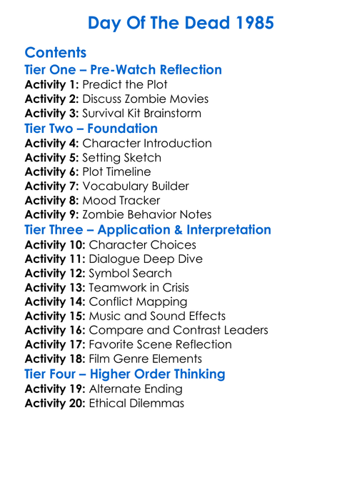 Day Of The Dead 1985 Worksheet Activity Booklet