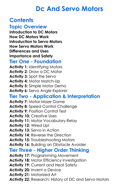 Dc And Servo Motors Worksheet Activity Booklet