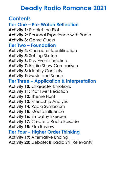 Deadly Radio Romance 2021 Worksheet Activity Booklet